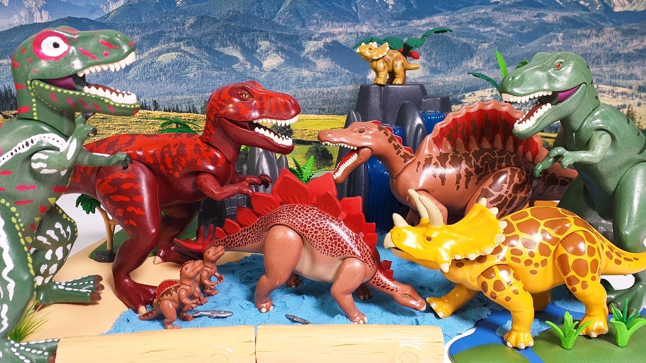 Playmobil T Rex Hunting Spinosaurus Dinosaurs Toys Battle Triceratops vs Ty...