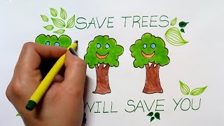 How to draw save environment coloring poster step by step. trees
drawing very easy for kids. of ca...