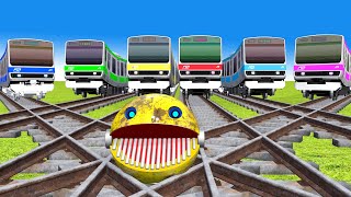 【踏切アニメ】あぶない電車 TRAIN Vs MS PACMAN 🚦 Fumikiri 3D Railroad Crossing Animation