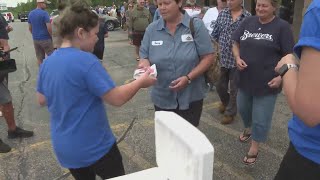 Customers lineup for free burgers at Peshtigo's George Webb