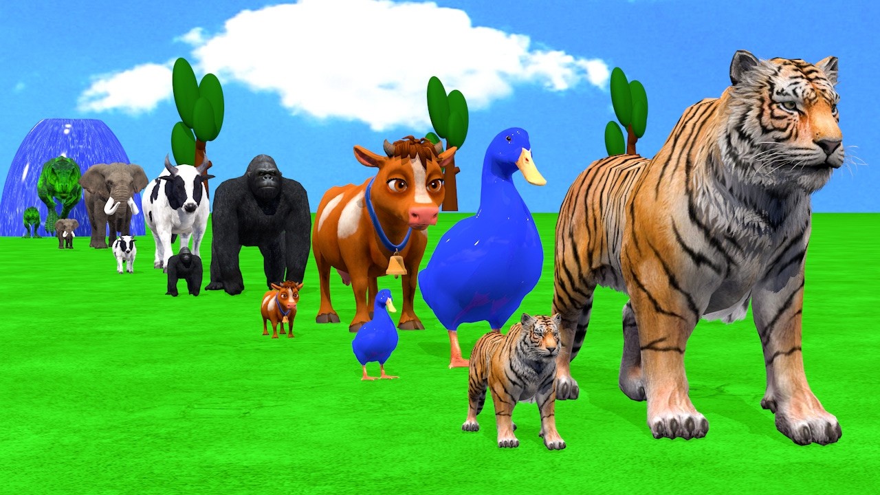 Long Slide Game With Cow Elephant Gorilla Hippopotamus Tiger - 3d Animal Game - Funny 3d Animals