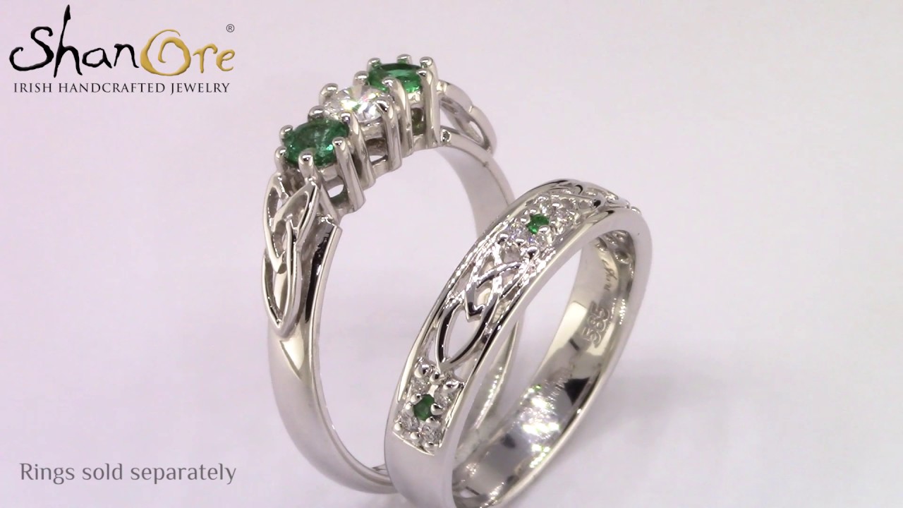 Emerald and diamond celtic ring 14k white gold 3 stone