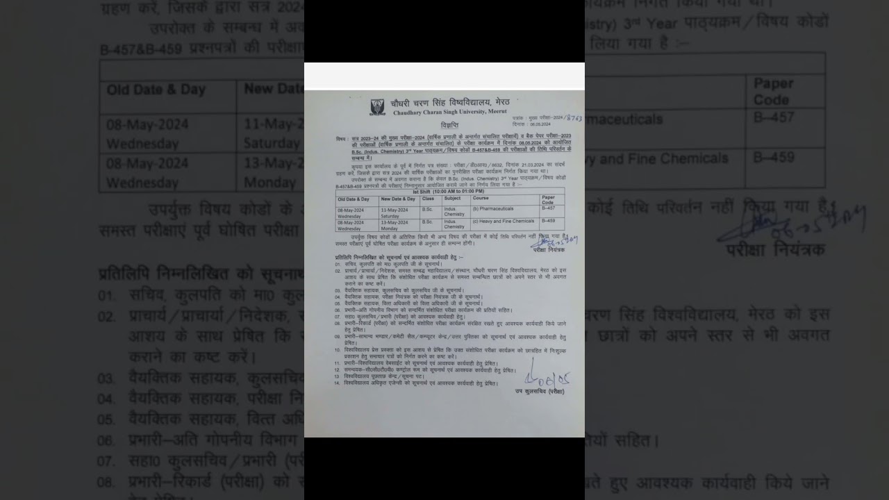 Change in B.Sc (Industrial Chemistry) 3 rd Year Subject Code- B- 457 -459 Main Exams 2024 
