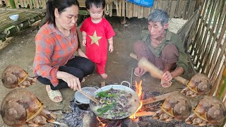 The single mother and the old man went into the forest to pick up snails to sell, cook, and buy dogs