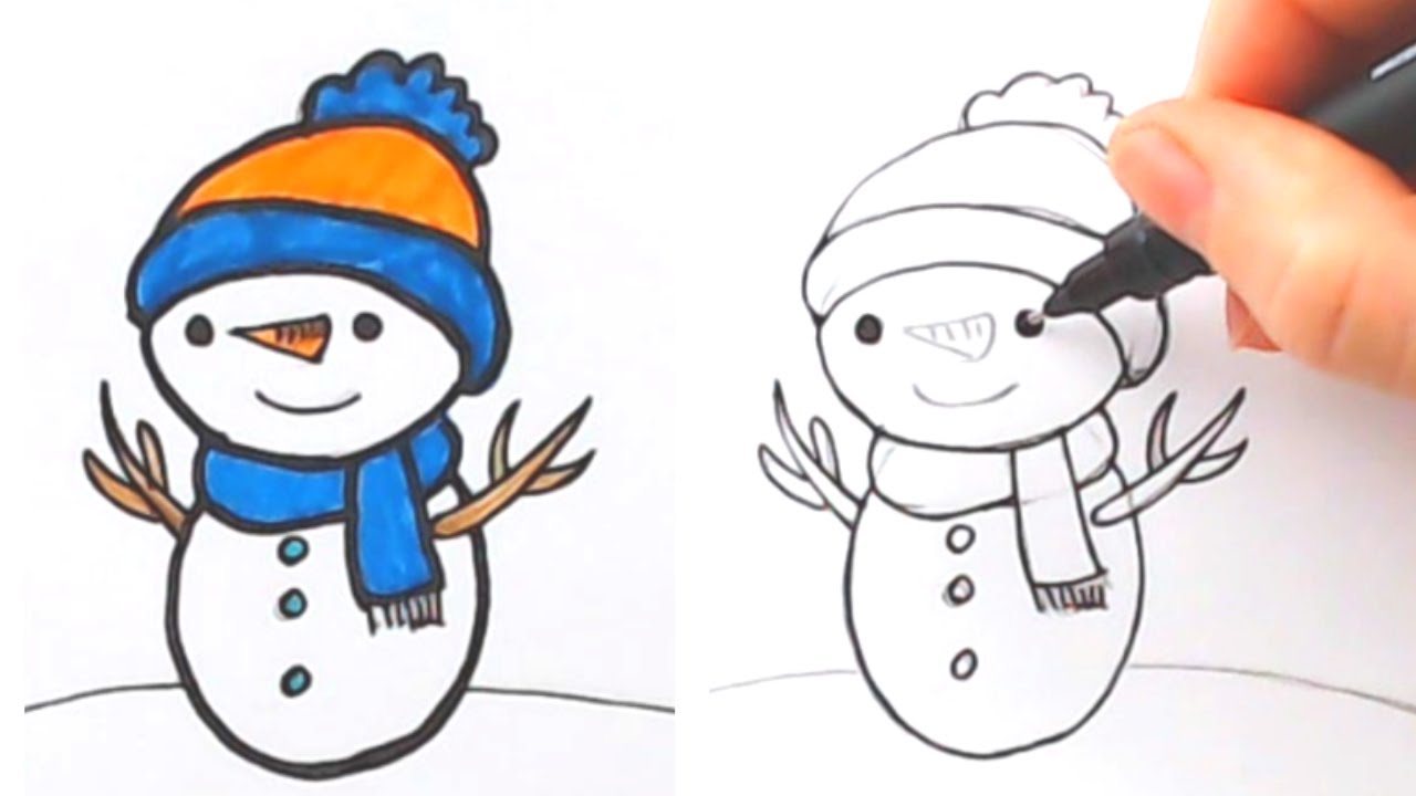 Tutorial de desenho para crianças. nível fácil. folhas de educação. como  desenhar boneco de neve