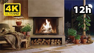 🔥Cozy Modern Fireplace at Night | 12 Hours Crackling Fire, Soft Light & Plants | No Music, 4K screenshot 1