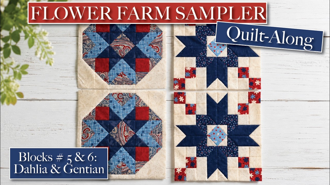 This month in our Flower Farm Sampler Quilt-Aong we are making two blocks, Block #5: Dahlia on page 26 (make 2), and Block #6: Gentian on page 28 (make 2). I will share construction tips and tricks, what to watch out for in the book and where I went wrong so you can have a better experience creating your block.  Construction techniques have been shared in previous videos on this channel. I have made a list of helpful videos below you can watch for reference if you need step-by-step sewing instructions for each part. Helpful hints can be found in the book on pages 10-13 and are referenced in the video whenever possible.

*COPYRIGHT STATEMENT*
This video is a companion project using "Flower Farm Sampler" by Shelley Cavanna. This video DOES NOT include pattern instructions, measurements, or diagrams. You will need your own copy of the book to follow along.

Amazon Affiliate Links - Please note that I am an Amazon Affiliate and may earn from qualifying purchases.
*📘 BOOK:*
Flower Farm Sampler by Shelley Cavanna - https://amzn.to/4jMkdqy

WEBSITE: Cabin Quilters.com
Link to the Fabric Swatch sheet: 

🛑 ‼️ BOOK CORRECTION: Link to CTPub Website: https://ctpub.com/cdn/shop/files/1159...

*🧵 SUPPLIES I USE :*
Diagonal Seam Tape:  https://amzn.to/4cCsLf7
Clearly Perfect Slotted Trimmer - https://amzn.to/3wmJ24H
   GENERAL SUPPLIES
Rotary cutter: Olfa Splash Cutter (Teal) - https://amzn.to/4hqP0qm
Favorite rulers:
     Creative Grids 6.5” x 24.5” ruler - https://amzn.to/40Ji33e
     Creative Grids - https://amzn.to/4fDVQJJ
Iron: 
     Panasonic Cordless Iron (Teal) - https://amzn.to/3jax9vt
     Reliable Maven 125IS (1 liter) -  https://amzn.to/3XoctS3

Magic Quilting and Crafting Spray - https://www.amazon.com/Magic-Premium-...

Design wall solution: Felt Right Design Wall (FeltRight.com) - https://three-form.myshopify.com/?rfs...
Use code CABINQUILTERS for a discount on your order.

*VIDEO REFERENCES*
Half-Square Triangles -    • Half Square Triangles | Beginner Tutorial ...  
Stitch and Flip Flying Geese -    • Block 29 | Easy Flying Geese Blocks | 100 ...  
Align your 1/4” seam: Inside Lesson 5 of Quilt 101:    • Quilting 101 | Beginner Quilting Lesson 5 ...  

*🌸 COMMUNITY:*
Share your progress using *#FlowerFarmWithPenni*
Follow me on Instagram: @cabinquilters
Visit the quilt-along hub: www.cabinquilters.com

*TIMESTAMPS*
00:00 Intro
03:30 Fabrics
10:58 Block 5 Step #1 
13:41 Step 2
15:23 Step 3
17:54 Step 4
21:25 Step 5
26:21 Step 6
28:42 Step 7
29:38 Step 8 Block Assembly
36:17 Block 6 Step #1 
43:11 Step 2
45:52 Step 3
48:21 Step 4
49:35 Step 5
50:07 Step 6 Block Assembly
52:32 Recap