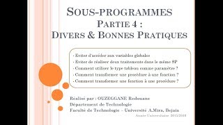 Cours 15 - Les Sous-Programmes (Fonctions & Procédures) - Partie 4 : Divers & Bonnes pratiques