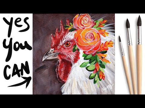 Floral Rooster Beginners Learn to paint Acrylic Tutorial Step by Step | The Art Sherpa