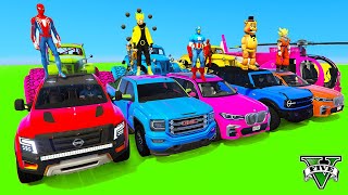 Spiderman Cars Mega Water Lake Ramp Challenge ! Superhero Goku Monster Truck Jeep Cycle Race - Gta V