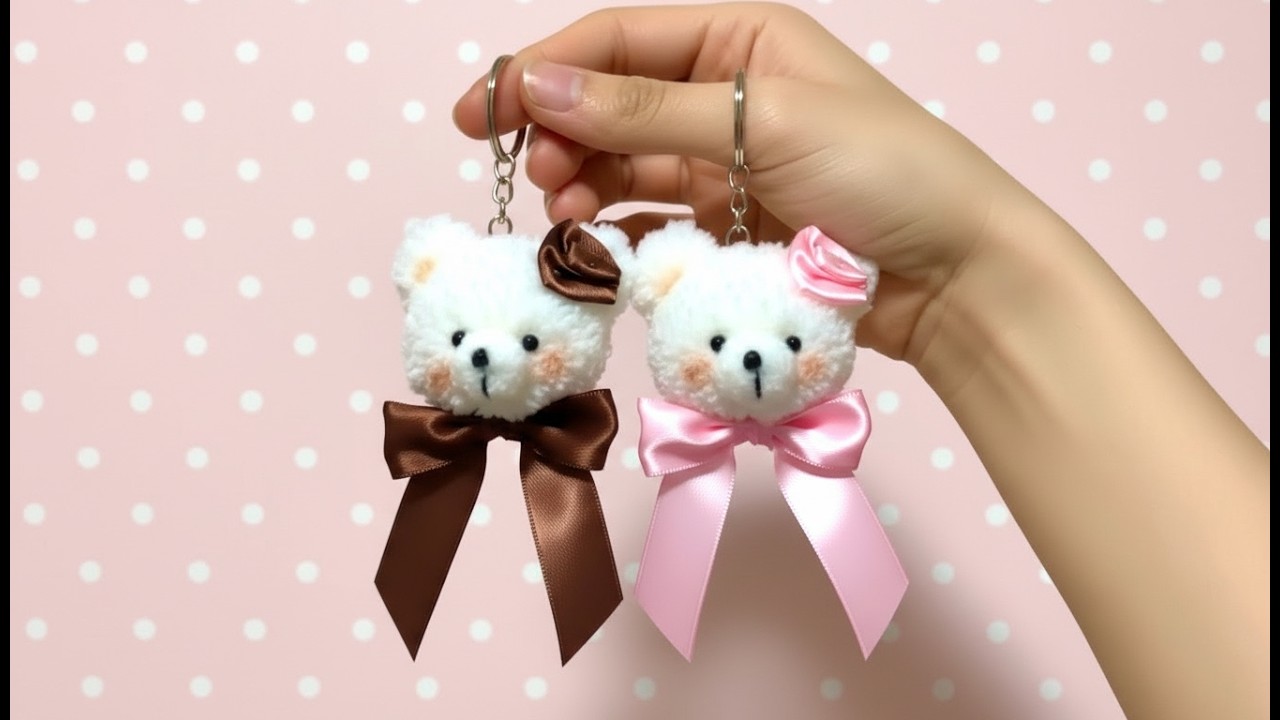 🧸Handmade teddy bear keychain made from Yarn 🧶/ How to make a pom pom teddy bear/Simple and Quick!