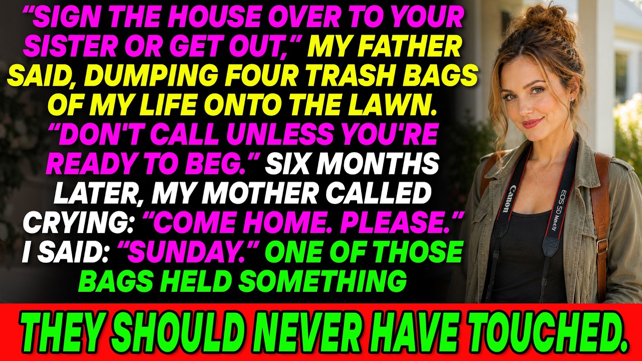 Zrovna jsem si v obýváku balila tašku, když otec vtrhl dovnitř a začal na mě řvát, ať podepíšu dům na svou sestru, nebo okamžitě vypadnu. Pak popadl čtyři černé pytle na odpadky, nacpal do nich...
