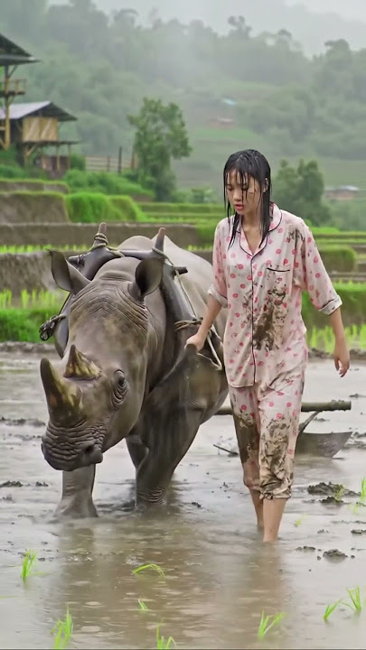 No One Expected a Rhino to Do This‼️ Girl Plowing Rice Field in Pajamas Shocks Everyone 🦏🌾