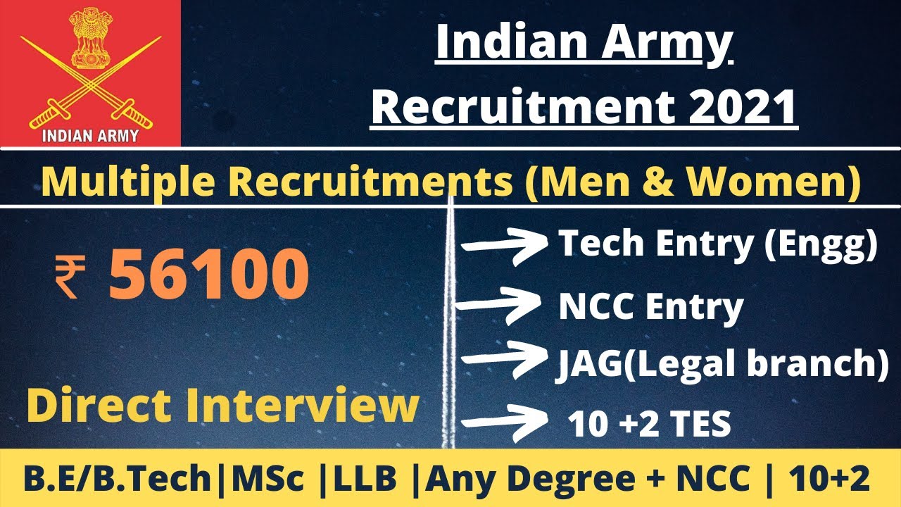 Indian Army Recruitment 2021 | Officer Entry | Engineering | NCC | JAG | 10+2 TES |  SSC Tech & NT