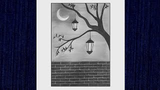 How to Draw Festival Night Scenery Hanging Lantern | Moonlit Night Scenery Drawing | Drawing Easy