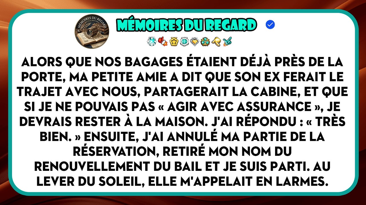 Nos sacs étaient déjà près de la porte quand ma copine m’a annoncé, très calmement, que son ex ferait le voyage avec nous et partagerait le chalet. Si je ne pouvais pas me comporter « comme...