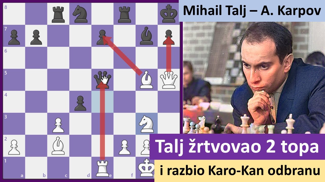 Mihail Talj žrtvuje Karpovu dva topa i razbija Karo Kan odbranu - Najlepše šahovske partije