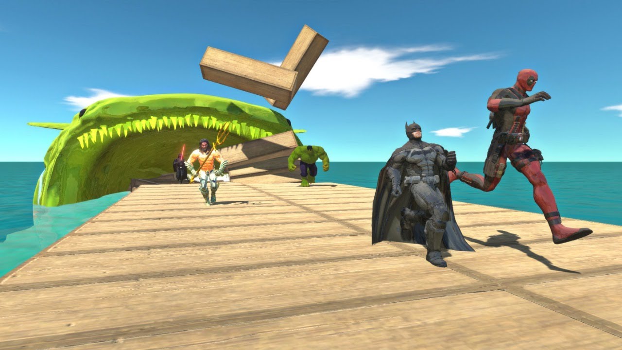 Super Heros & Villains Run Away from monster Green Blooper - Animal Revolt Battle Simulator