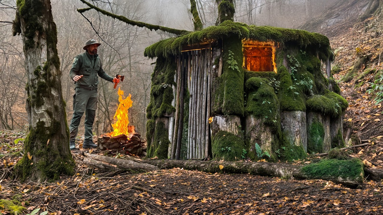 Building a Cozy Log Shelter in the Wild | Bushcraft Survival, Fire Cooking & Overnight Stay
