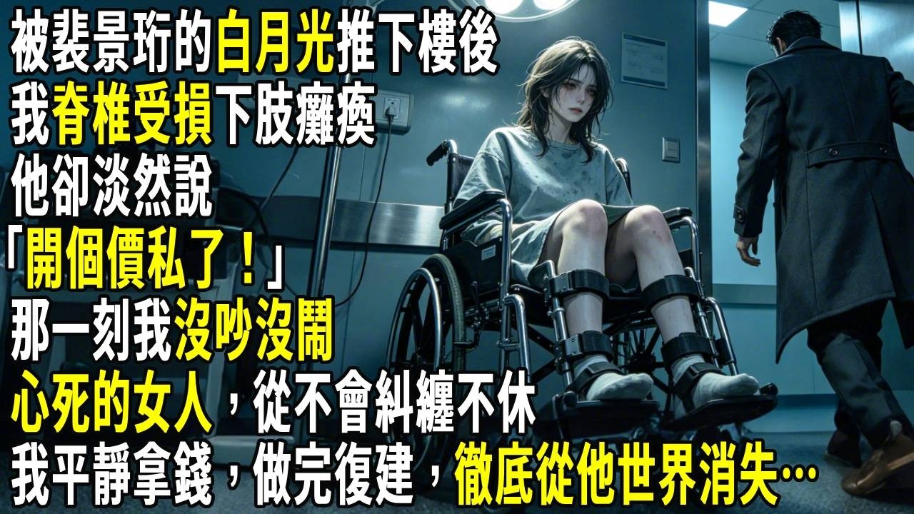 被裴景珩的白月光推下樓後，我脊椎受損下肢癱瘓，他卻淡然說「開個價私了」那一刻我沒吵沒鬧。心死的女人，從不會糾纏不休。我平靜拿錢，做完復建，徹底從他世界消失…#故事分享 #生活經驗 #情感