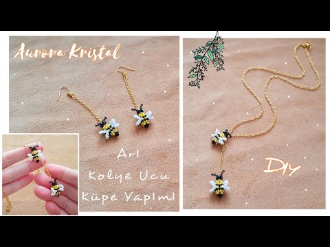 Kum boncuklu arı kolye ucu ve küpe yapımı. Bee beaded pendant and earrings making. Beading tutorial.