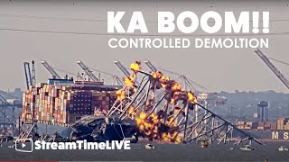 Controlled Explosive Demolition of Truss Section | Baltimore Bridge Clean-up | StreamTime LIVE