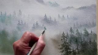 : watercolor trees in the mist