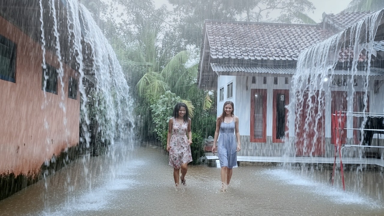 Caught in Heavy Rain & THunder in Green Village | Natural Rain Sound Walk for Relax.