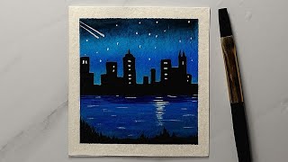 Beginner Friendly🌙Night City Reflection Painting | Easy Acrylic Art | Peaceful Blue Night Cityscape Net Worth