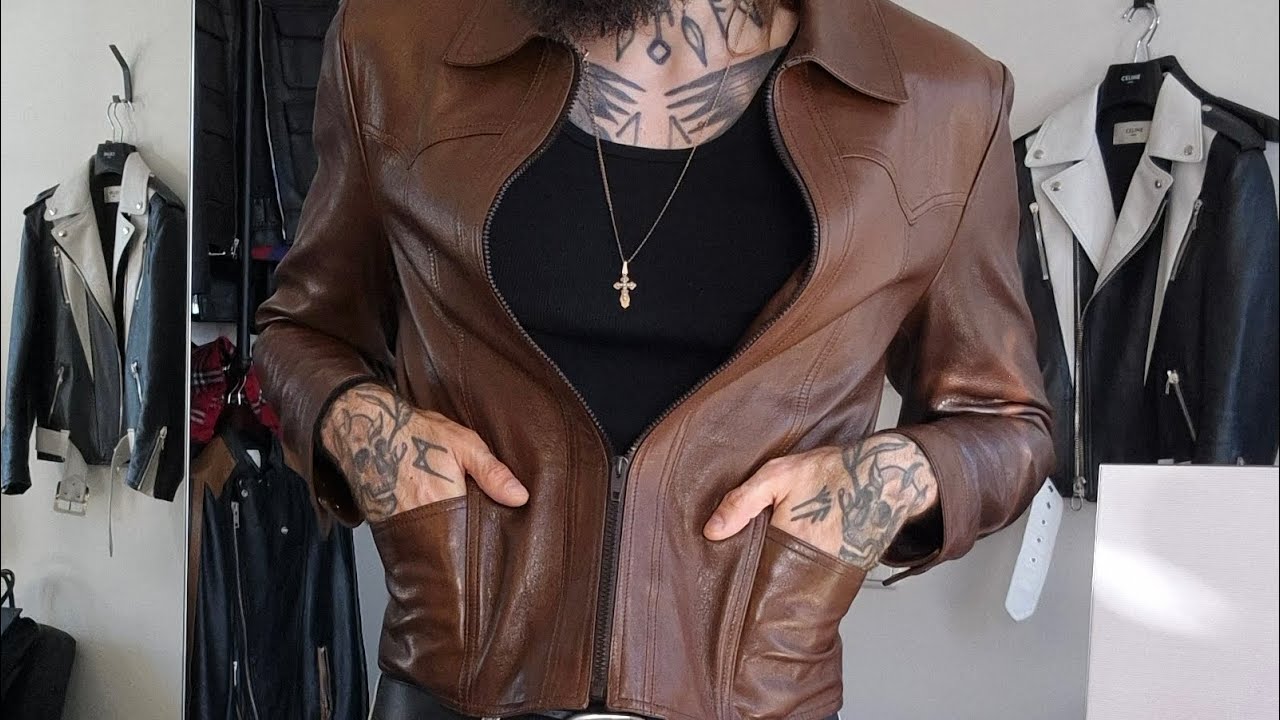 Review of Celine brown leather jacket. Fw23 le palace collection