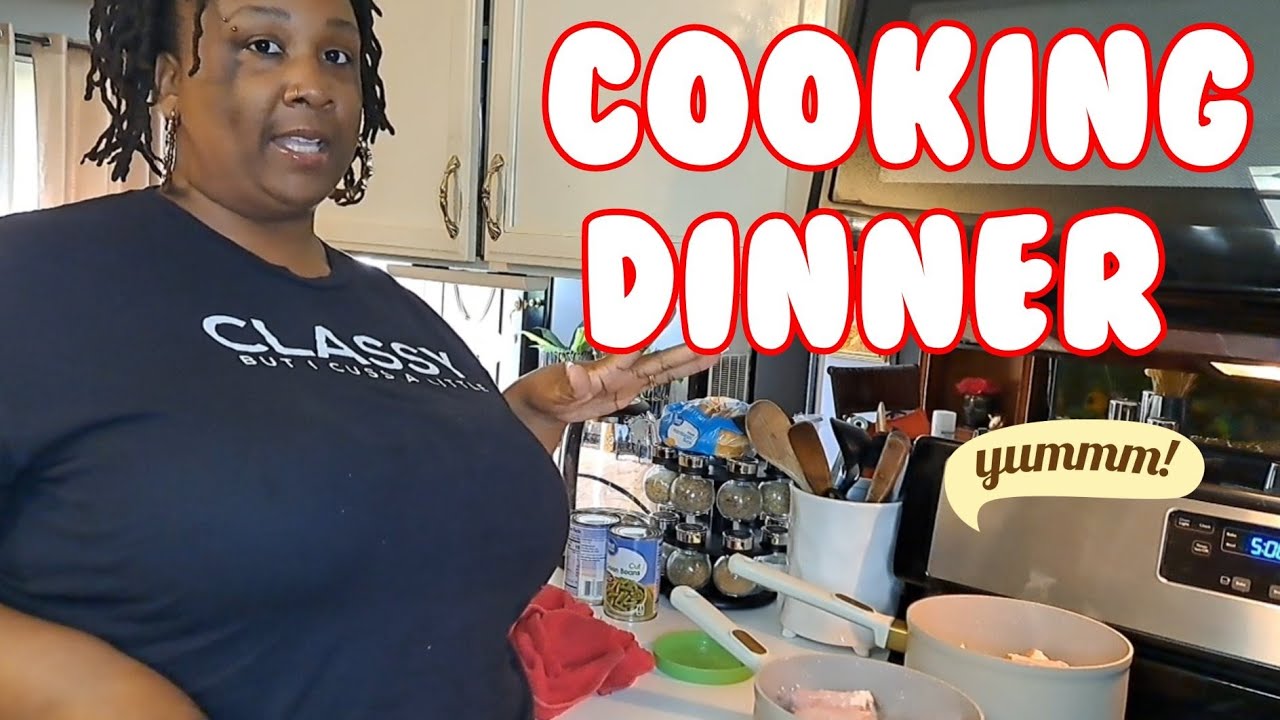 cooking dinner fried chicken green beans and potatoes with ham