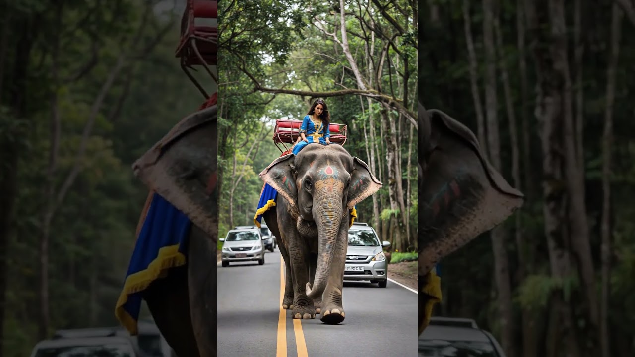 Elephant Walks Through Jungle Road as Cars Move Aside