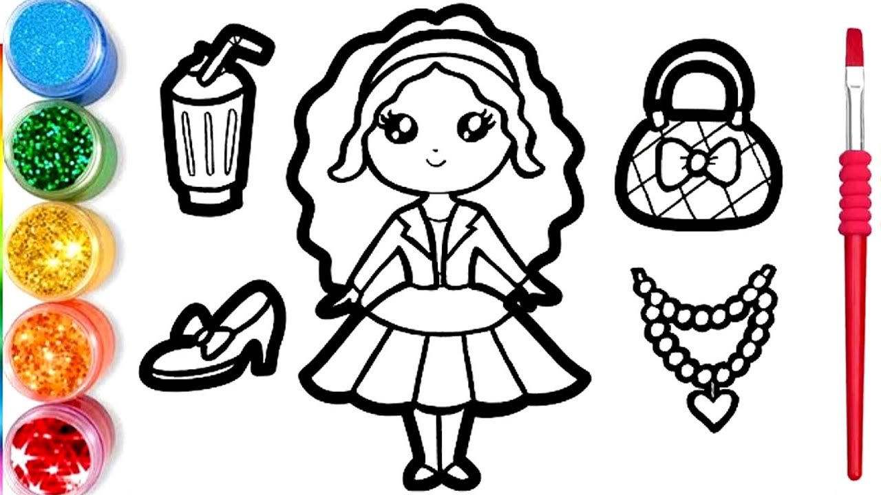 Cute Girl👧and her Bag, Necklace, Sandal and Juice drawing and coloring for kids| How to draw Girl|