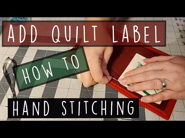 step-by-step hand sewing blind stitch on quilt label, blind stitch technique for quilt labels, quilt label folding edges with cardboard guide, hand stitching quilt label with Pigma pen