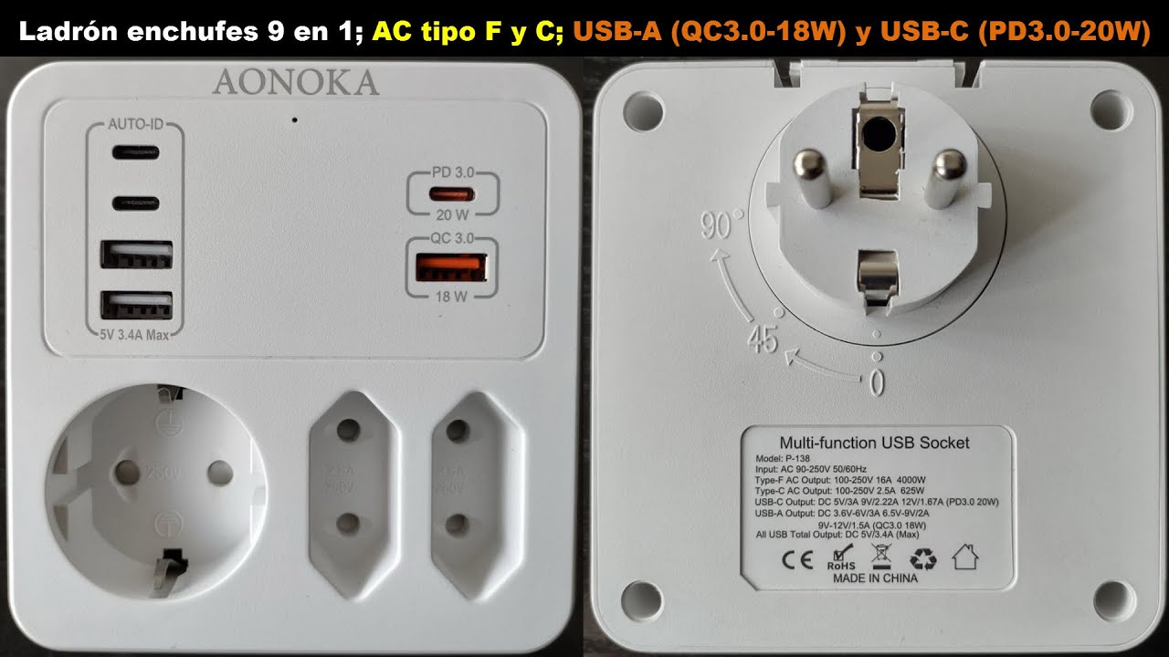 Ladrón enchufes 9 en 1; AC F/C; USB-A (QC3.0 18W); USB-C (PD3.0 20W), marca  AONOKA 