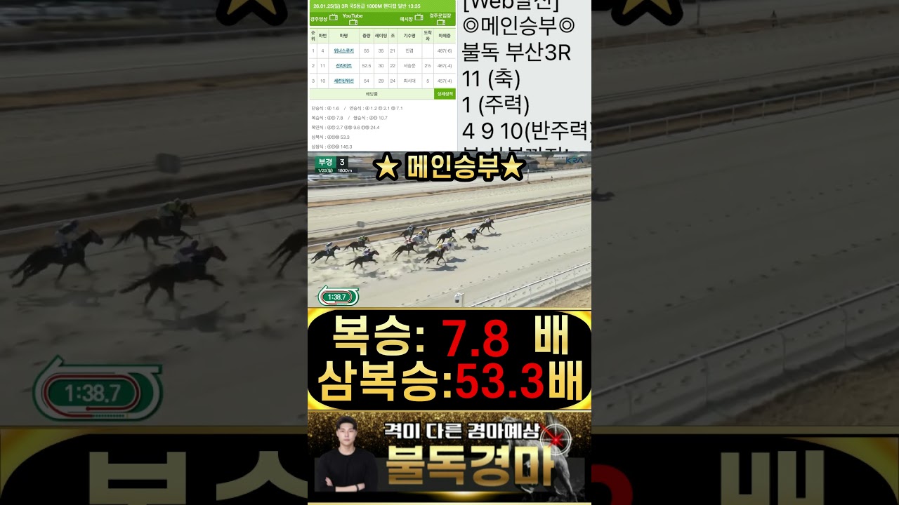 불독의 부산 메인승부 복승 배당이 아쉬우신가요? 고배당 삼복도 당연히 잡습니다! 경마는 불독 입니다