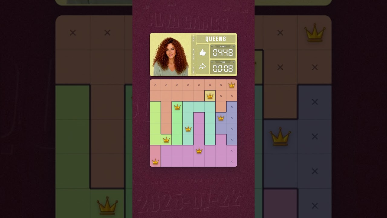 LinkedIn Queens #448 solved board for July 22, 2025, 8x8 grid
