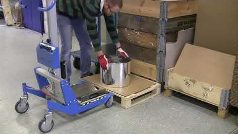 V-Block attachment on Pronomics lift and Drive, loading reels from the front.