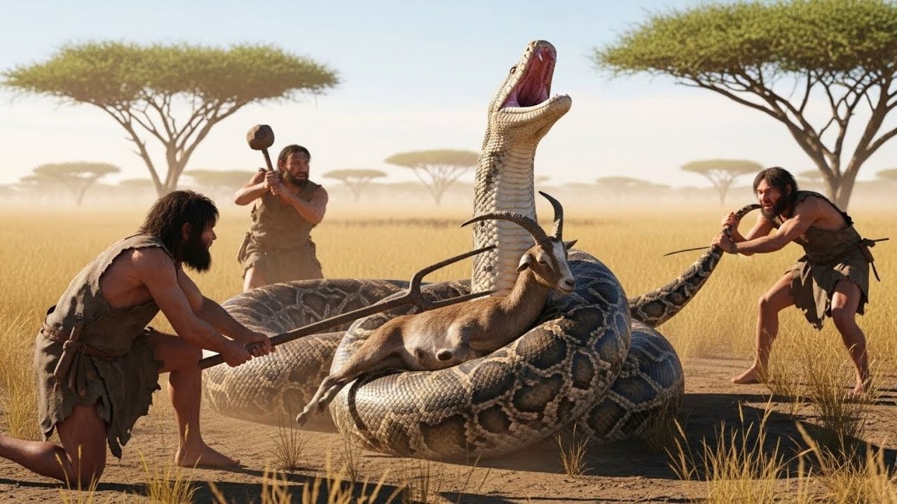 Homo habilis Save a Goat from a Giant Python Near the Waterhole