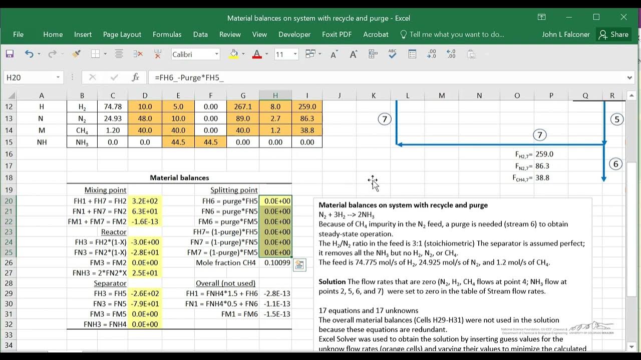 Material Balances on System with Recycle and Purge Spreadsheet YouTube