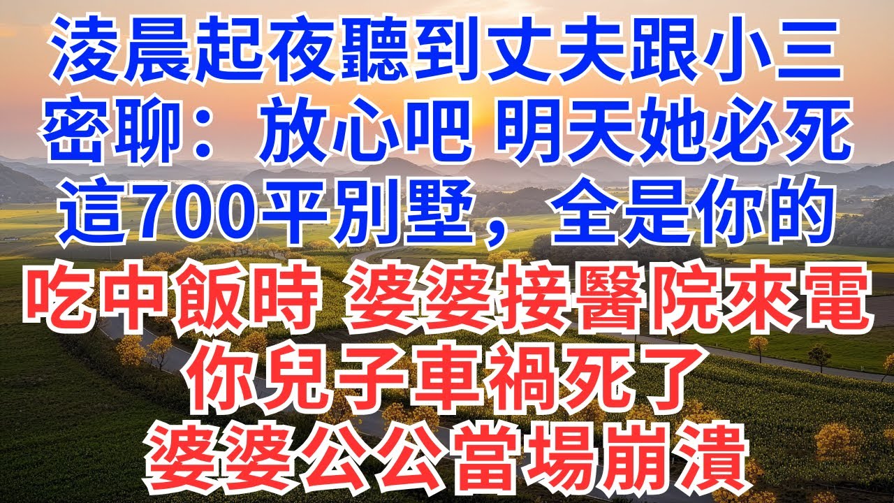 淩晨起夜聽到丈夫跟小三密聊：放心吧，明天她必死，這700平別墅，全是你的！吃中飯時，婆婆接到醫院來電：你兒子車禍死了！婆婆公公當場傻了！#故事#小說#戀愛#情感#婚姻#為人處世#家族恩怨#淨身出戶