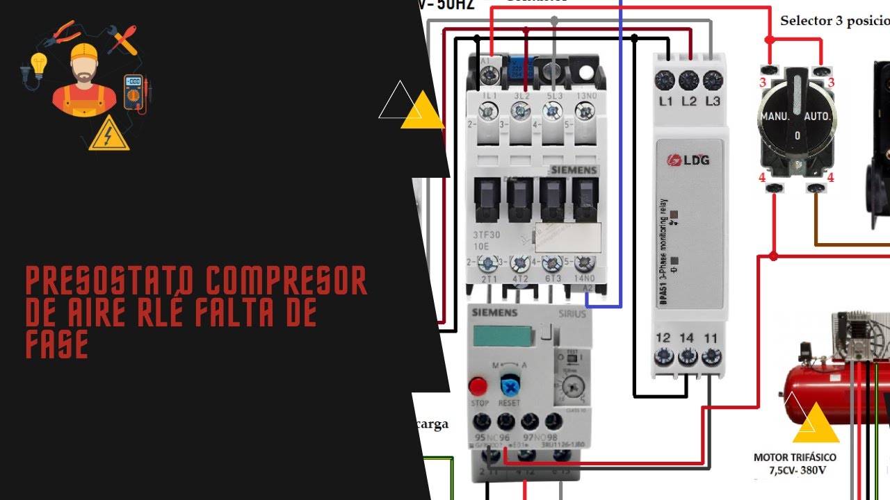 compresor de aire presostato mas relé falta de fase