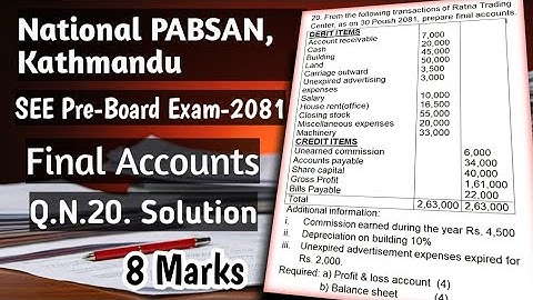 Final Accounts || SEE Pre-Board Exam-2081, National PABSAN Kathmandu || Q.N.20 || 8 Marks || AG TV
