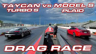 1,020 HP PLAID vs TAYCAN * Tesla Plaid Model S vs Porsche Taycan Turbo S 1\/4 Mile Drag Race