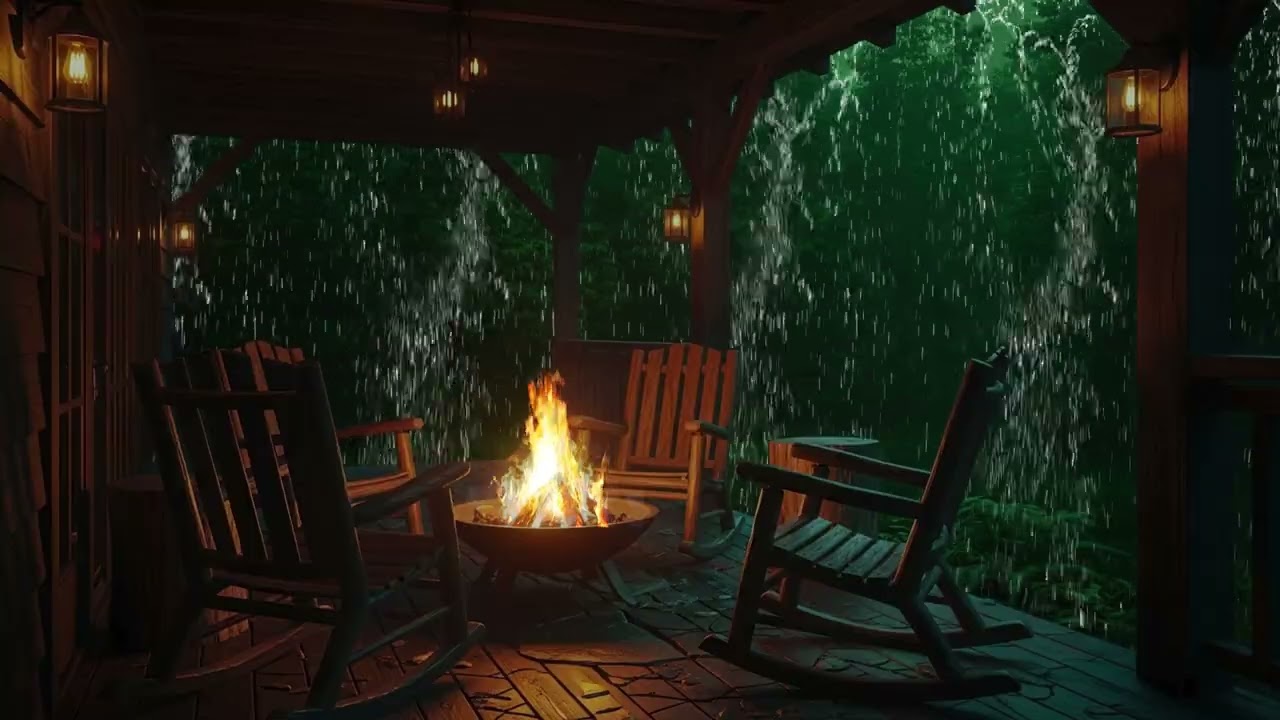Relaxing Heavy Rain with Fireplace Crackle for Peaceful, Cozy Moments