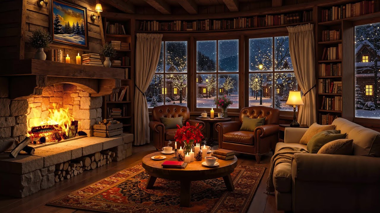 Smooth Jazz, Fireplace Sounds & Snowy Village to Soothe Your Soul - Cozy Winter Ambience