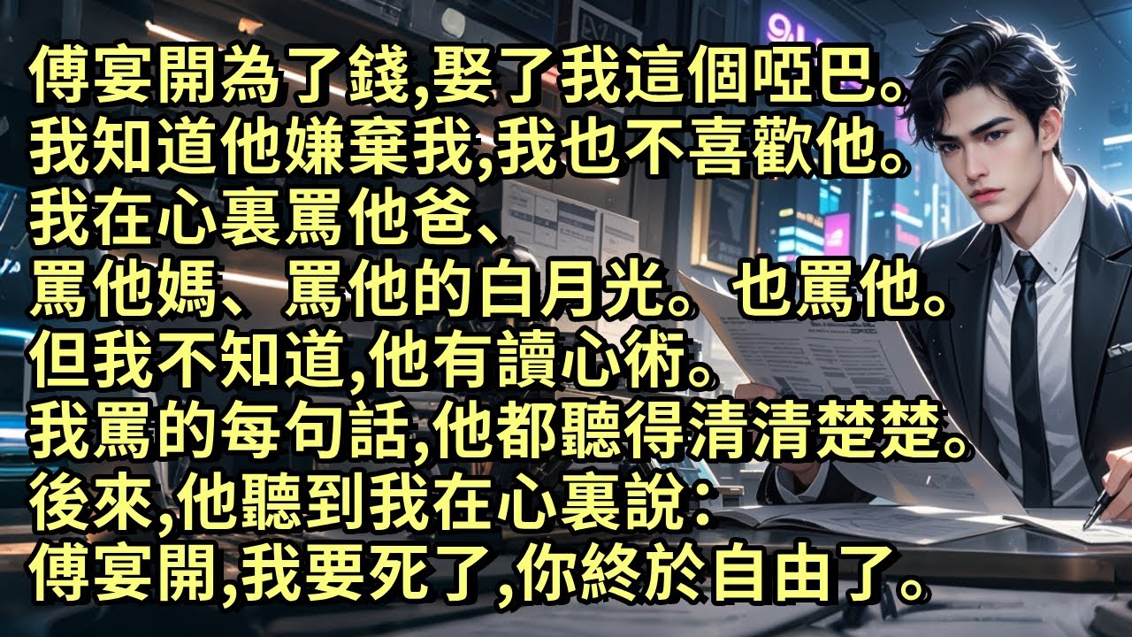 傅宴開為了錢，娶了我這個啞巴。我知道他嫌棄我，我也不喜歡他。我在心裏罵他爸媽、罵他白月光也罵他。但我不知道他有讀心術。我罵的每句話，他都聽得清楚。後來他聽到我在心裏說：傅宴開，我要死了，你終於自由了。