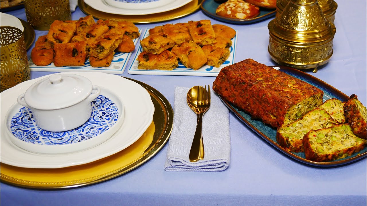 مائدة افطار بوصفات صحية بدون لحوم /حريرة الشعير قراشل بالقهوة المعطرة/ مملحة  البروكولي /سلطة /كرتان