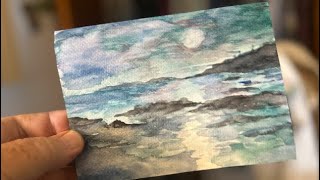 How To Paint A Simple Moonlit Ocean on a Greeting Card