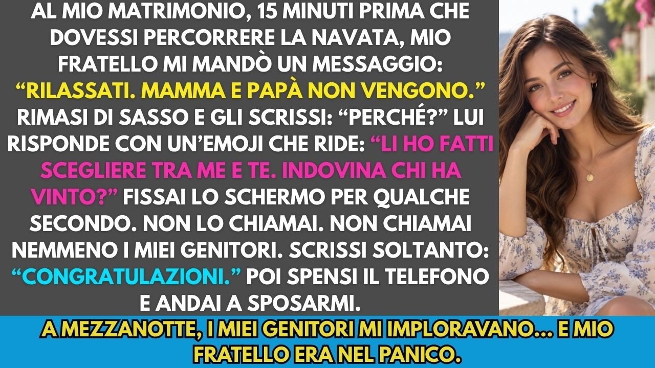 Il giorno del mio matrimonio, dopo aver camminato verso l'altare, ho ricevuto un messaggio da mio fratello che mi ha gelato il sangue: "Tranquilla, mamma e papà non vengono." Ho chiesto perché, e...